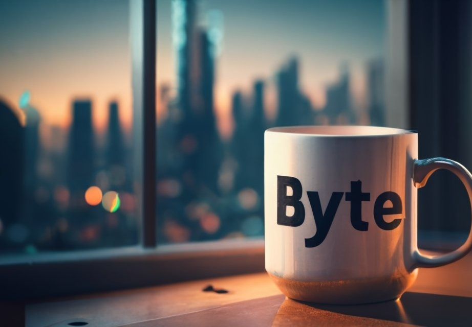 Byte coffee mug with city skyline at dusk